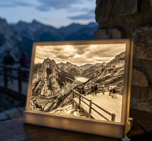 La misma litofanía encendida: el paisaje aparece con la luz