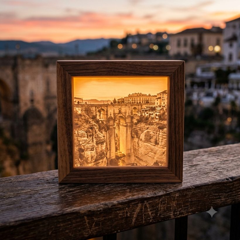 Litofanía del Puente Nuevo encendida